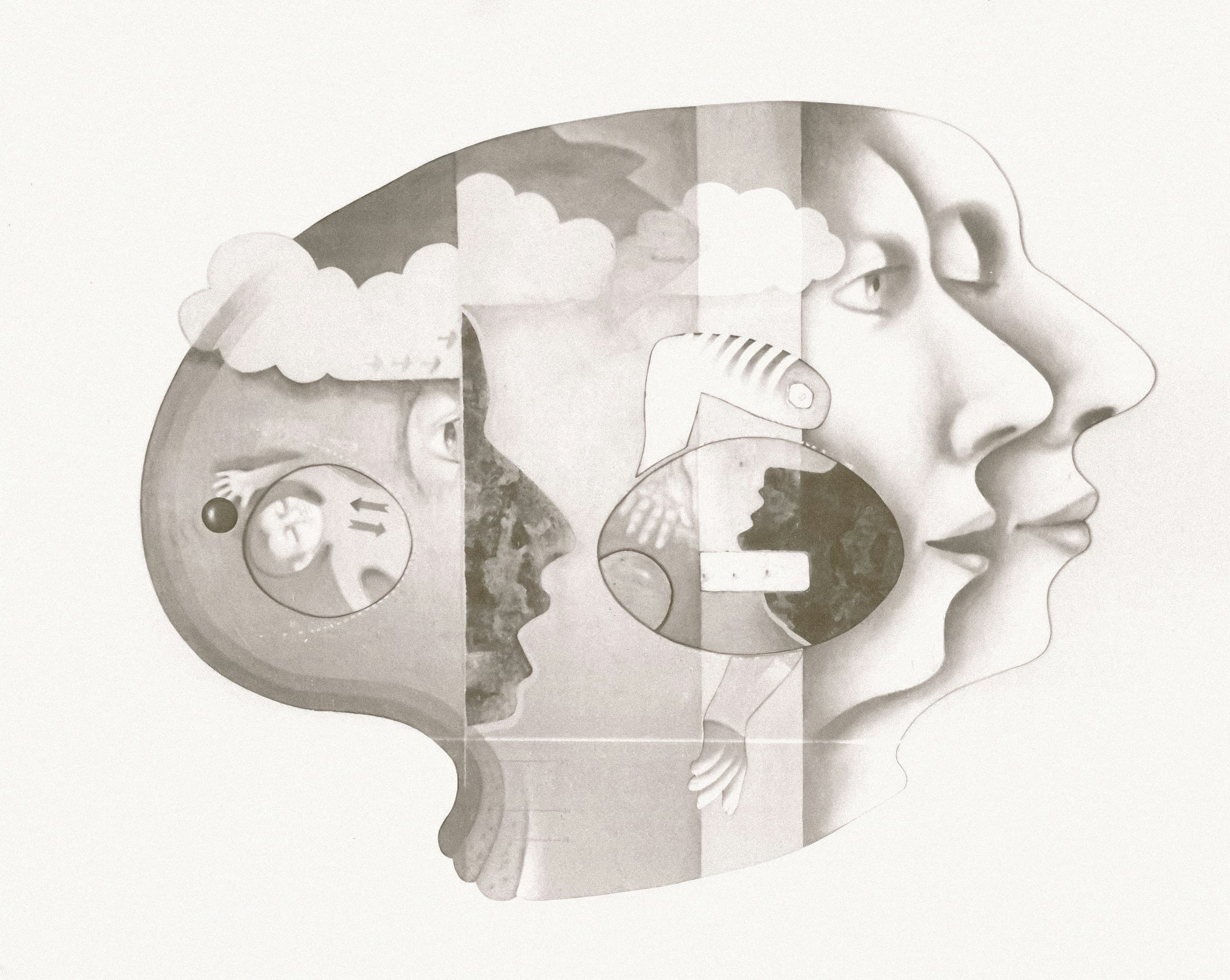 Artistic drawing of a head with clouds as brain